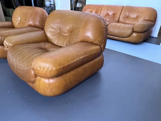 Vintage Cognac Leather Sofa and Armchairs by Sapporo for Mobil