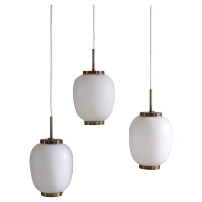 Danish Modern Opal & Pendel Ceiling Lamps by Bent Karlby from Lyfa, 1950s, Set 3 for sale at Pamono