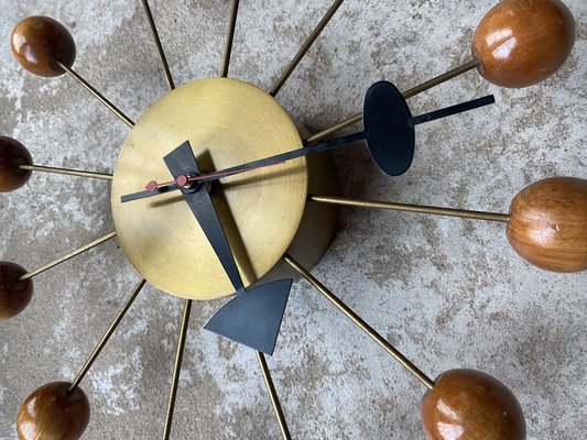 Ball Clock in Brass and Wood by George Nelson, 1955 for sale at Pamono
