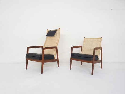 Rattan and Leather Low Back Lounge Chair by P. J. Muntendam for Gebr der Jonkers Netherlands 1950s