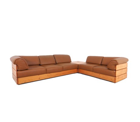 Vintage Corner Sofa with Coffee Table in Pinewood and Leather 1970s Set of 3