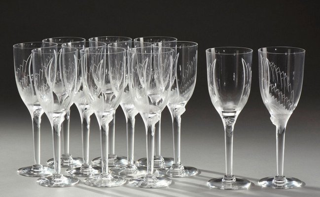 Twelve Crystal Angel Champagne Flutes by Marc Lalique, 1948, Set of 12