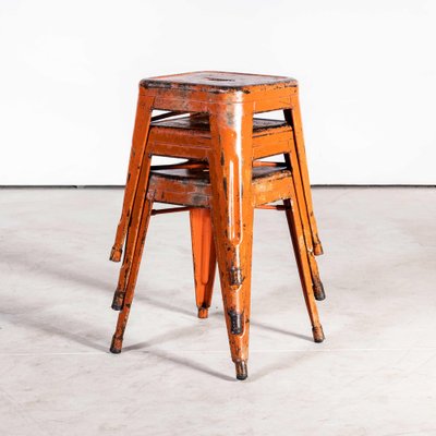French Café Dining Stools in Red Metal from Tolix, 1950s, Set of 3 