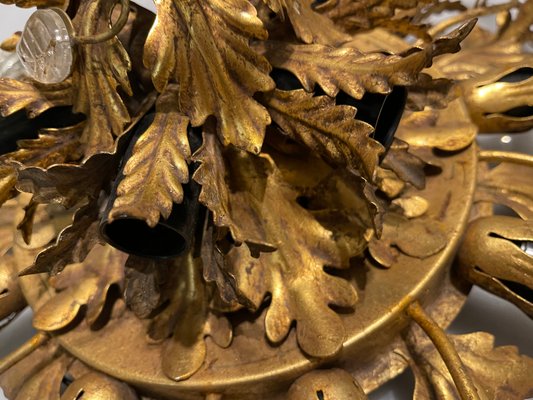 Plafonnier Florentin avec 4 Lampes en Fer Doré, Fleurs et Feuilles