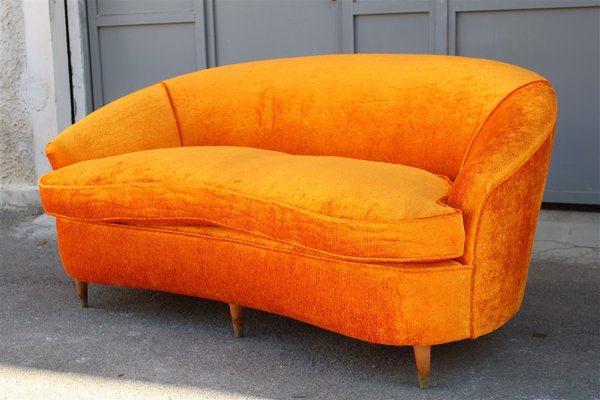 Italian Curved Sofa in Velvet Orange with Wooden Feet 1950s