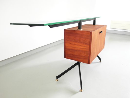 Italian Modernist Dry Bar With Thick Floating Glass Top And Brass