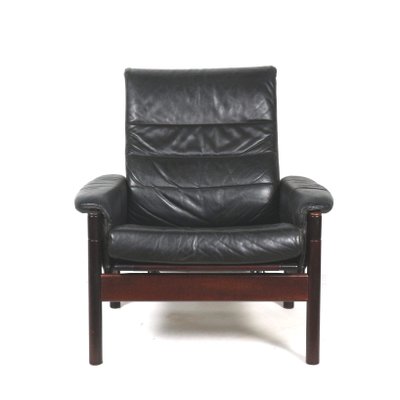 Black Leather Armchair with Wooden Frame 1960s for sale at Pamono
