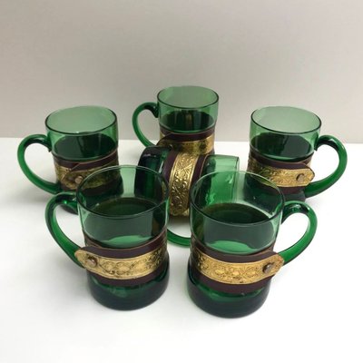 Vintage Emerald Glass Mugs France Set of 6 for sale at Pamono