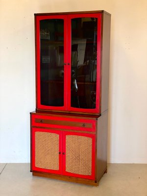 Red bookcase sale with glass doors
