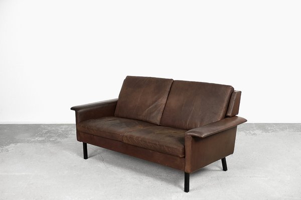 Mid Century Scandinavian Modern 2 Seater Brown Leather Sofa 3330