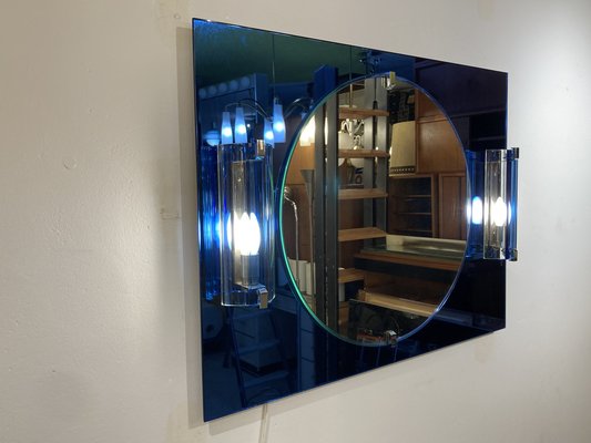 Italian Pair of Modern Chromed Round Mirrors with Jewel Like Glass