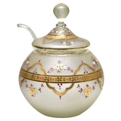 Böhmische Emaillierte Bowle aus satiniertem Glas mit Deckel und Löffel, 1900er, 3er Set bei Pamono kaufen