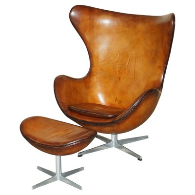 Set of Egg Chair and Footstool in Brown Leather from Fritz Hansen