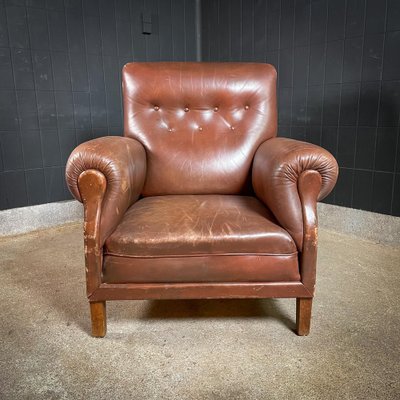 Large Brown Leather Armchair for sale at Pamono