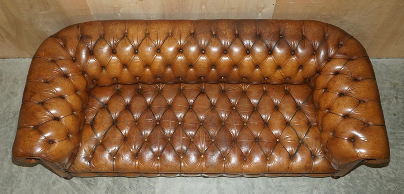 Vintage English Chesterfield Sofa in Hand Dyed Cigar Brown Leather 1950s for sale at Pamono