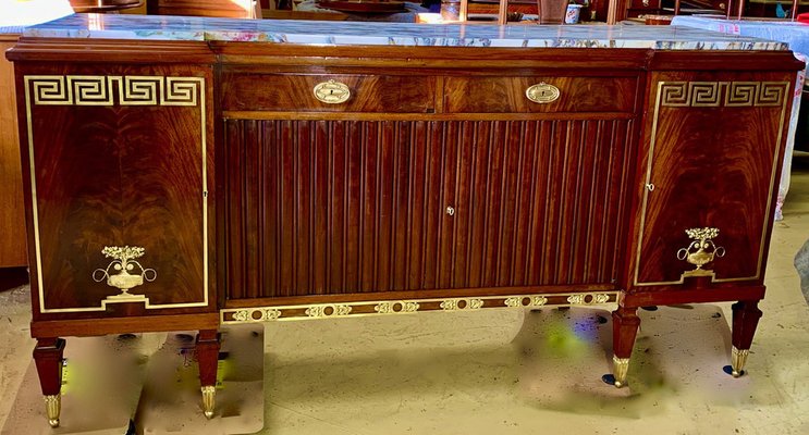 Art Deco Buffet in Mahogany and Golden Bronzes with White Marble 1930s