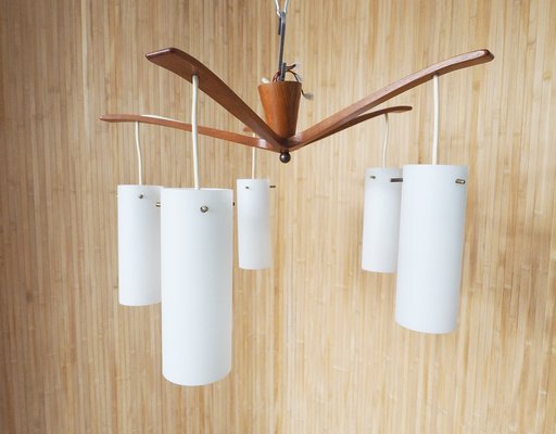 Teak Chandelier with Opal Glass by Uno sten Kristiansson