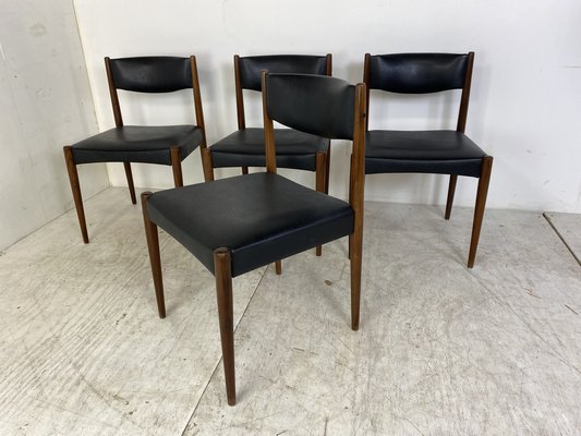 Mid Century Danish Modern Teak and Black Vinyl Dining Chairs 1950s Set of 4