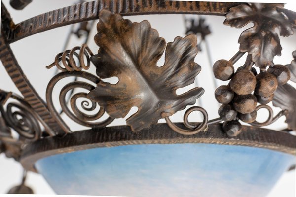 ANCIEN LUSTRE FER forgé style florale fleurs porcelaine ou faience 5