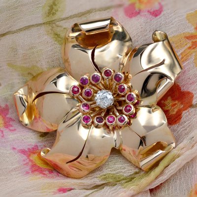 18 Karat French Ruby Diamond and Rose Gold Flower Clip Brooch