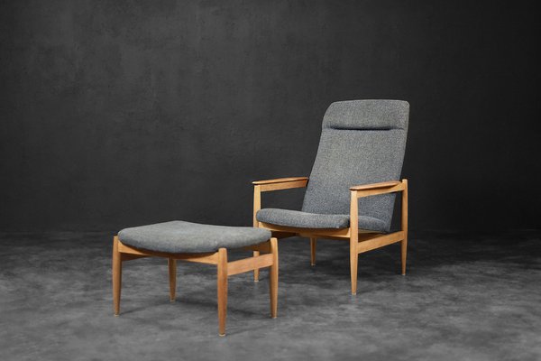 Mid Century Swedish Modern Oak Fabric Carlton Armchair with Ottoman from Ikea 1963 Set of 2