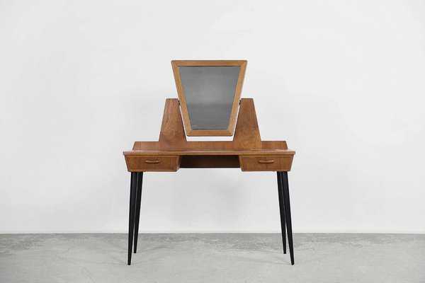 Mid Century Scandinavian Modern Teak Dressing Table with Mirror and Hand Painted Tabletop 1960s
