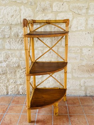 Mid Century Bamboo Rattan 3 Tier Corner Shelf 1960s for sale at