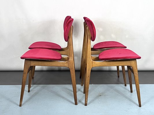 Mid Century Red Velvet and Wood Dining Chairs Italy 1950s Set of 4