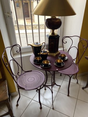 Mauve Wrought Iron Garden Table and Chairs Set of 3 for sale at