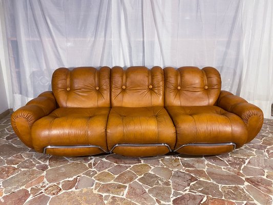 Mid Century Italian Space Age Leather 3 Seater Sofa 1970s