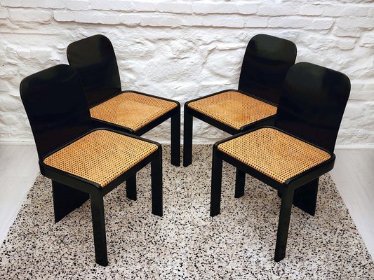 Space Age Italian Wood Viennese Cane Dining Chairs by Pierluigi