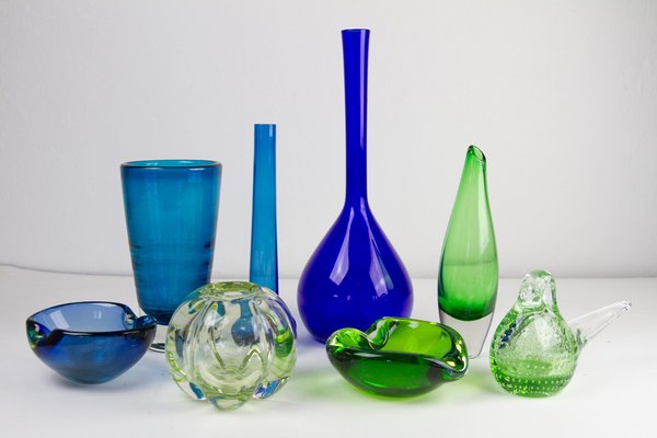 Vintage Scandinavian Glass Vases, 1960s, Set of 8 for sale Vintage Scandinavian Glass Vases, 1960s, Set of 8 for sale