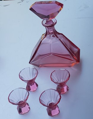 Vintage 60's Drinking Glasses Square Shape Pink Glass With Blue