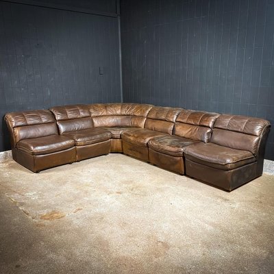 Vintage Brown Leather Modular Corner Sofa 1970s