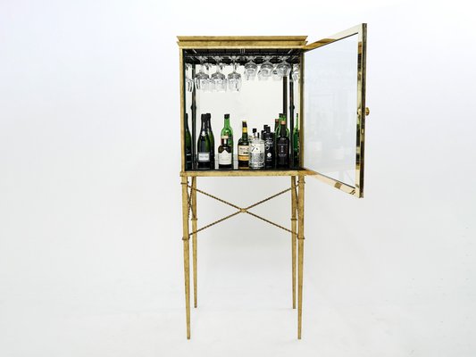 French Gilded Iron Mirrored and Brass Bar Cabinet Vitrine 1920s