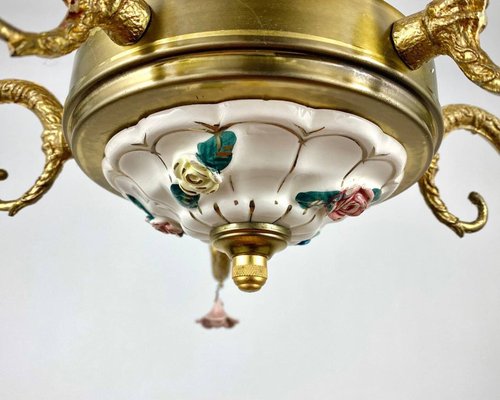 Superbe lustre en faïence art déco Italie - 5 appliques barbotine