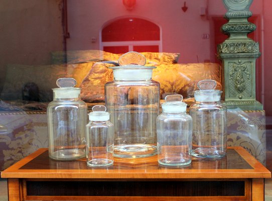 Late 19th Century Italian Arts and Crafts Blown Glass Apothecary Jars Set,  1900, Set of 5 for sale at Pamono