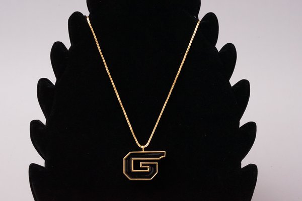 Vintage Givenchy Gold and Pearl Logo Whistle Chain Necklace 1990s