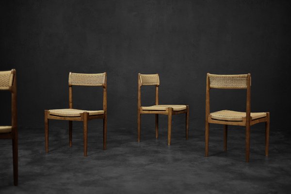 Mid-Century Modern Scandinavian Dining Chairs in Oak and Paper Cord by  E.Knudsen for K. Knudsen & Son, 1952, Set of 4 for sale at Pamono