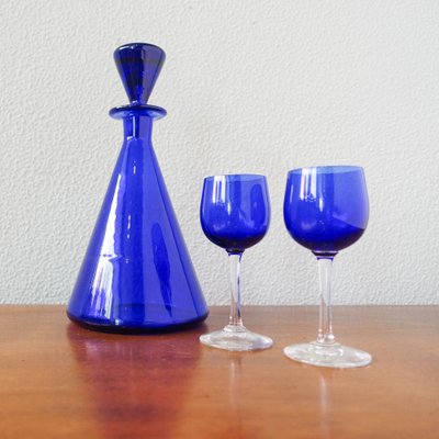 Bottle and Glasses in Cobalt Blue attributed to Marinha Grande, 1950s, Set  of 3 for sale at Pamono
