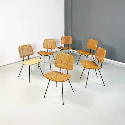 Mid Century Modern Italian Wicker Black Metal Chairs 1960s Set