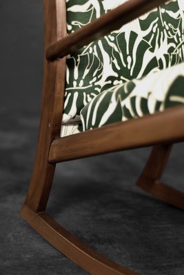 Danish Modern Rocking Chair in Wood and Monstera Leaf Pattern Fabric, 1960s  for sale at Pamono