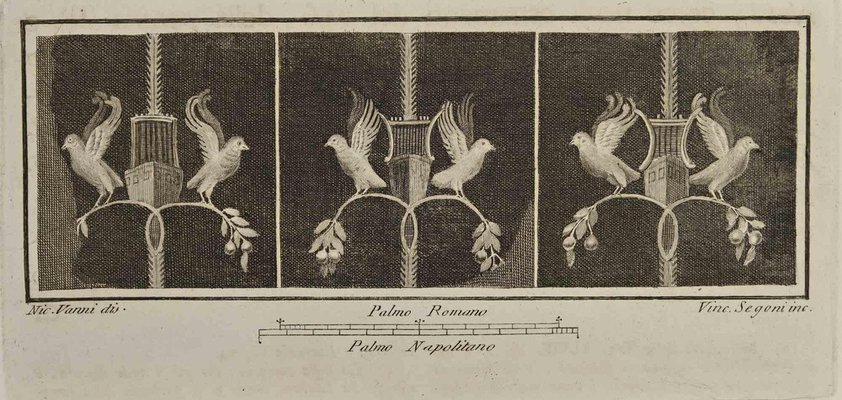A Hand Colored Engraving of a Pompeiian Fresco by G. Casanova A Hand Colored Engraving of a Pompeiian Fresco by G. Casanova