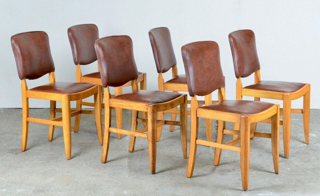 Antique Brown Leather Walnut Dining Chairs, Set of for sale at