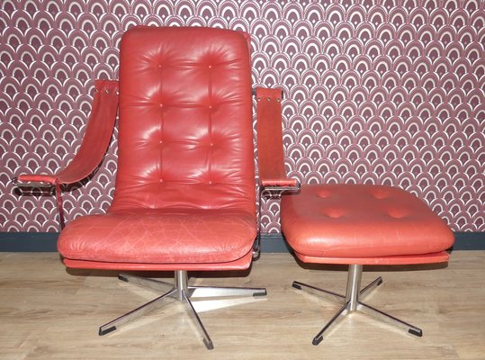 Red Leather Swivel Chair with Footstool by Geoffrey Harcourt for