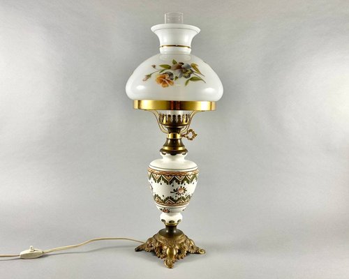 Paire lampe laiton ancienne Abat jour verre 44x21 vitrail st