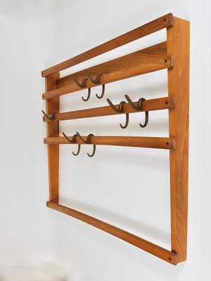 Mid-Century Coat Rack in Beech with Brass Hooks attributed to