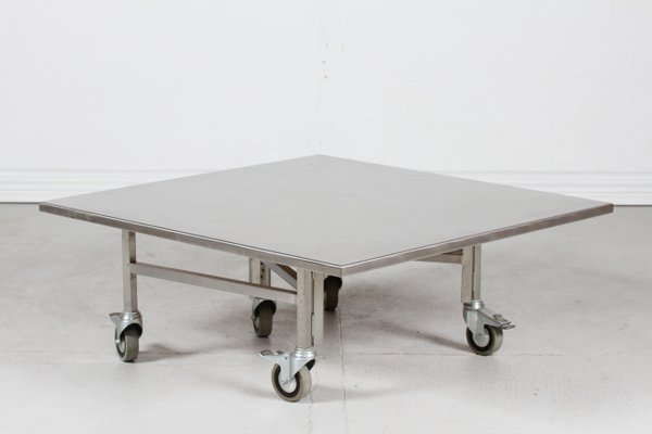 Danish Modern Custom Made Square Steel Coffee Table on Wheels 1980s