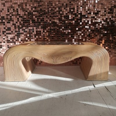 Vintage Large Waterfall Pencil Reed Cane Coffee Table with Inset