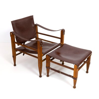 Teak Safari Chair and Ottoman in Leather from Aage Bruru Son